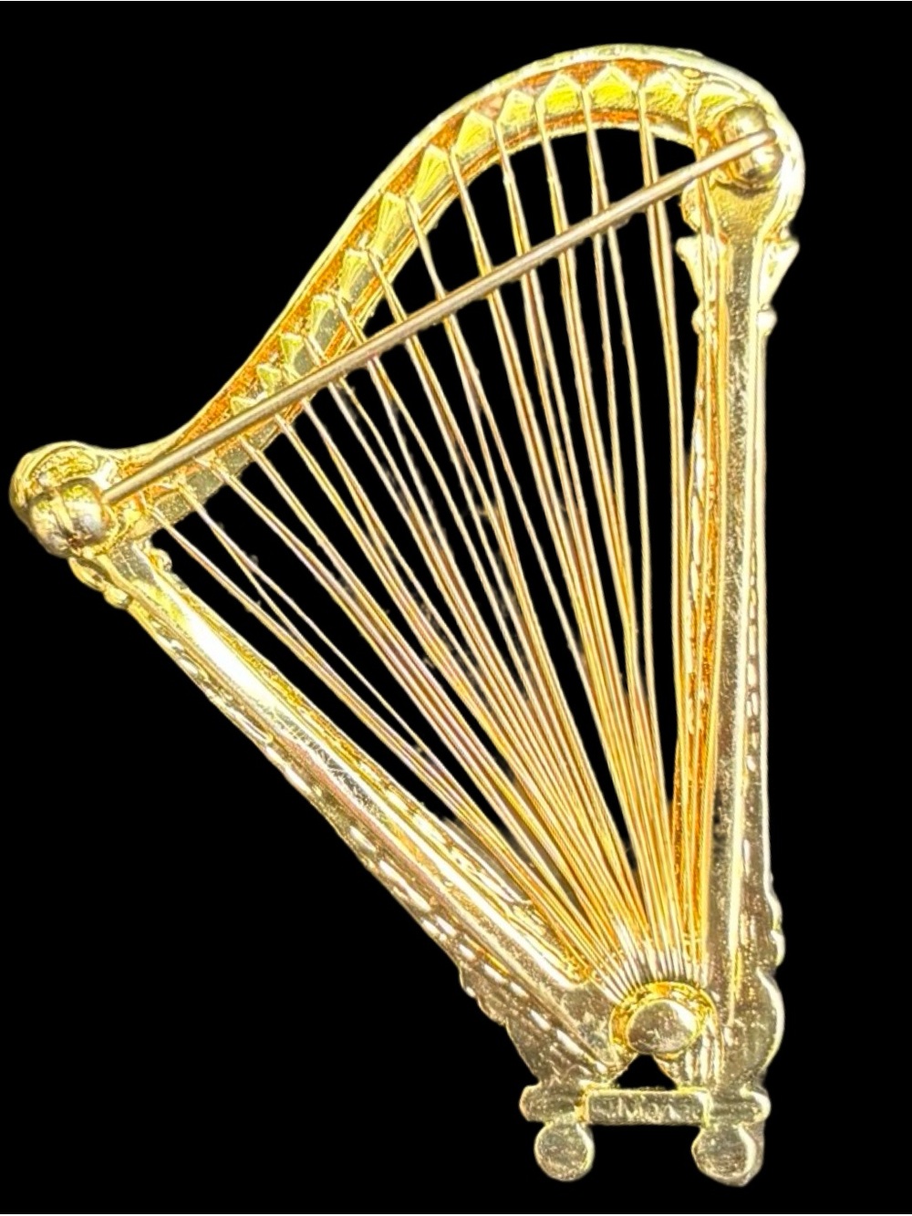 Vintage 80’s Monet Gold Tone Harp Brooch Rhinestone Musical Instrument Pin 2" - Picture 2 of 6